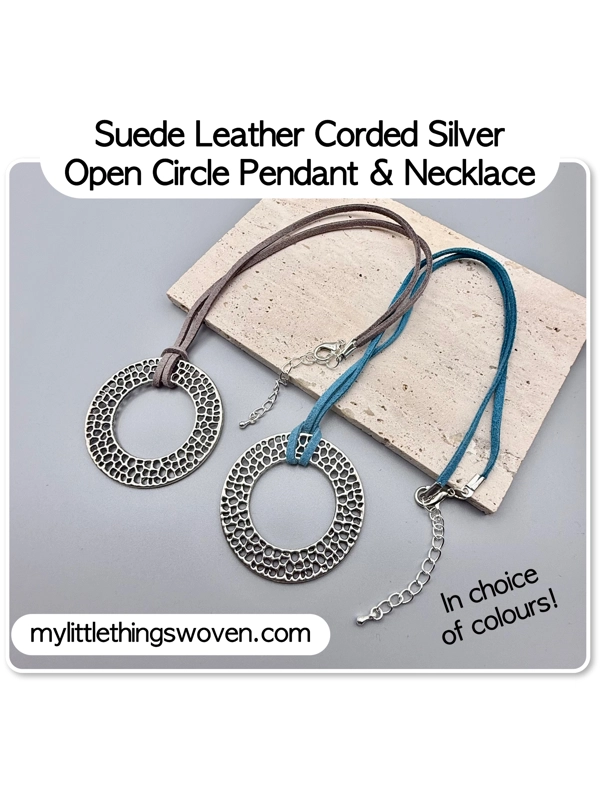 Silver Open Circle Pendant/Necklace, Suede Leather Cord - Blue/Grey