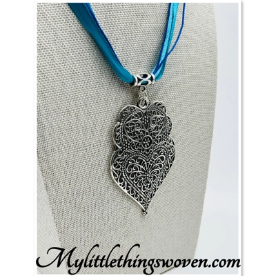 Heart Pendant & Necklace Blue Multi Stranded Adjustable, Silver