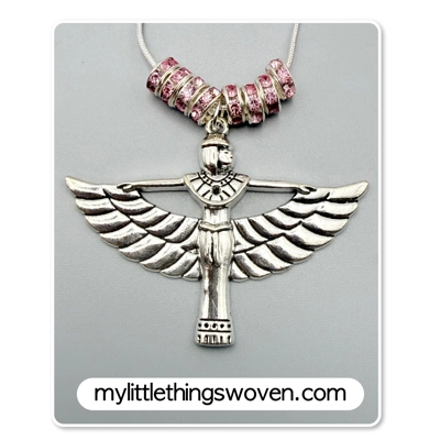 Winged Isis Goddess Amulet Pendant/Necklace with Pink Rondelle Beading, Sterling Silver