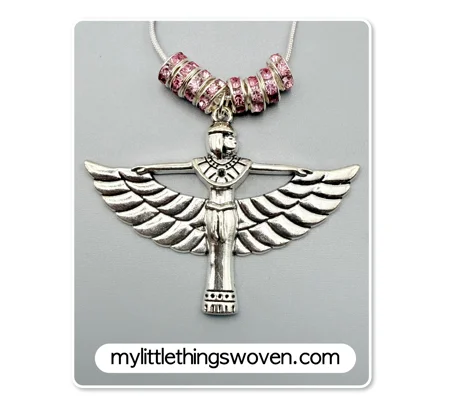 Winged Isis Goddess Amulet Pendant/Necklace with Pink Rondelle Beading, Sterling Silver