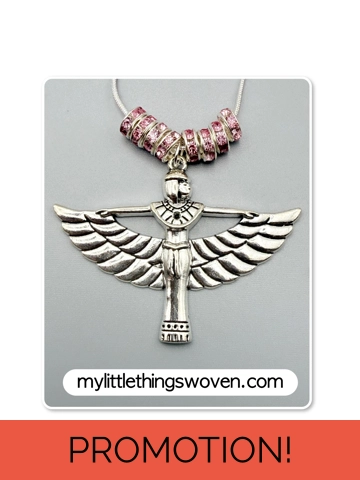 Winged Isis Goddess Amulet Pendant/Necklace with Pink Rondelle Beading, Sterling Silver