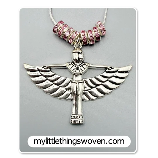 Winged Isis Goddess Amulet Pendant/Necklace with Pink Rondelle Beading, Sterling Silver