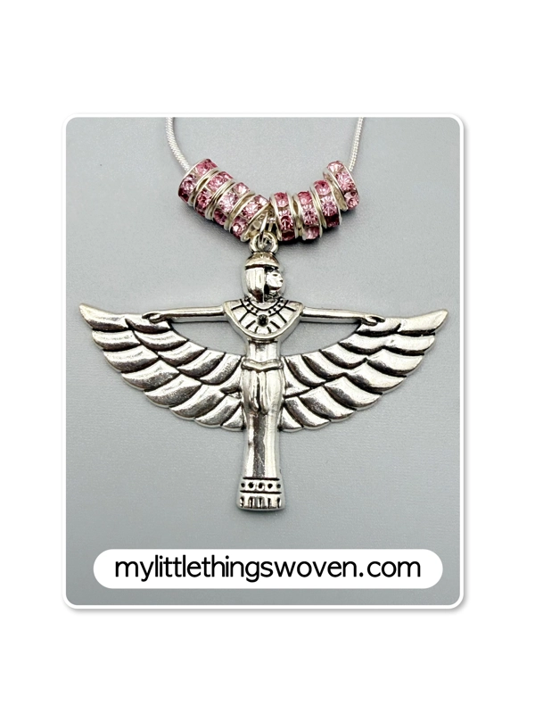 Winged Isis Goddess Amulet Pendant/Necklace with Pink Rondelle Beading, Sterling Silver