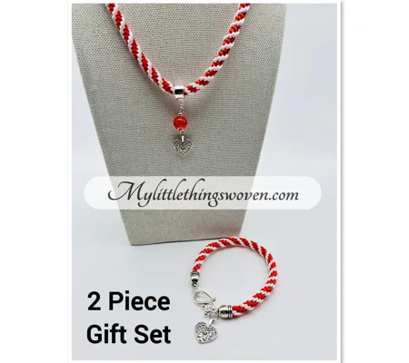 Red And White Spiral Braid Necklace & Bracelet Set With Love Heart Theme Silver