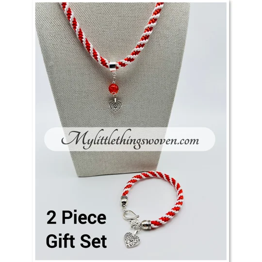 Red And White Spiral Braid Necklace & Bracelet Set With Love Heart Theme Silver