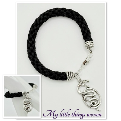 Black Snake Charm Bracelet Kumihimo Cord Braid, Real Silver