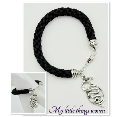 Black Snake Charm Bracelet Kumihimo Cord Braid, Real Silver