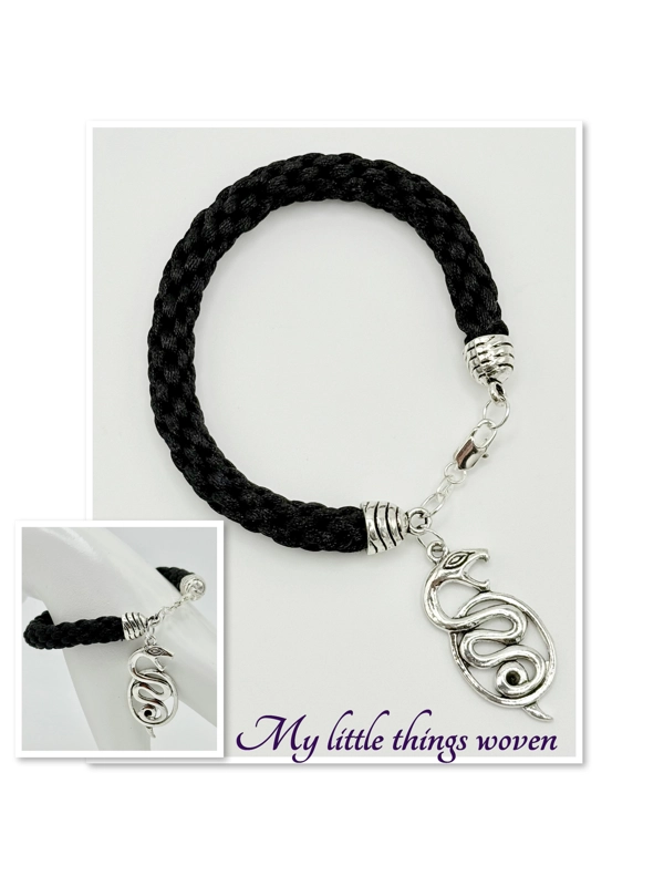 Black Snake Charm Bracelet Kumihimo Cord Braid, Real Silver