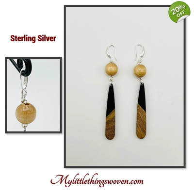 Natural Wood and Polymer Clay Dangle Drop Earrings available in Sterling Silver 925 or 18k Gold Plat