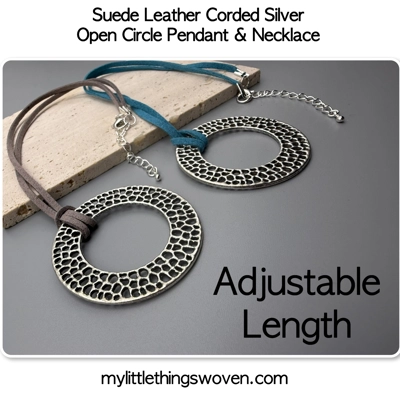 Silver Open Circle Pendant/Necklace, Suede Leather Cord - Blue/Grey