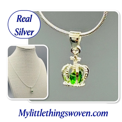Faux Emerald Crown Pendant & Necklace, Sterling Silver 925, Snake Chain, Adjustable