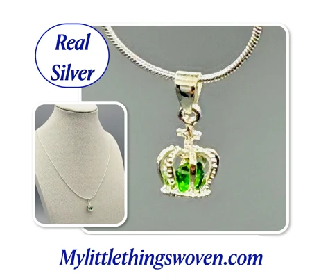 Faux Emerald Crown Pendant & Necklace, Sterling Silver 925, Snake Chain, Adjustable