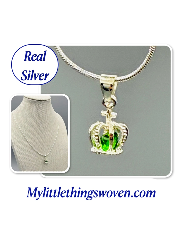 Faux Emerald Crown Pendant & Necklace, Sterling Silver 925, Snake Chain, Adjustable