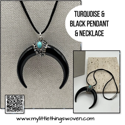 Crescent Moon Shape Cow Horn Turquoise Pendant & Necklace Black or White Sparkly Crescent Moon Shape Cow Horn Turquoise Pendant & Necklace Black or White Sparkly