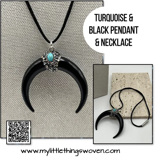 Crescent Moon Shape Cow Horn Turquoise Pendant & Necklace Black or White Sparkly