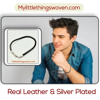 Men's Black Real Leather Braided Cord Bracelets, Silver Plated