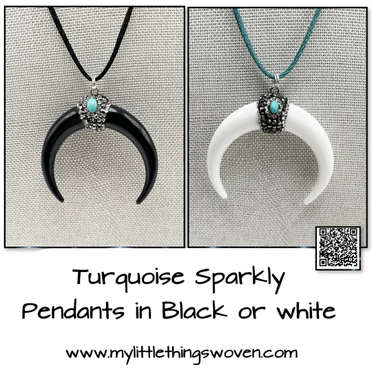 Crescent Moon Shape Cow Horn Turquoise Pendant & Necklace Black or White Sparkly