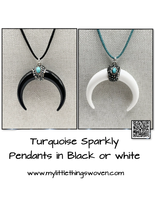 Crescent Moon Shape Cow Horn Turquoise Pendant & Necklace Black or White Sparkly