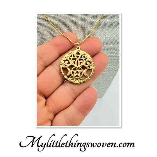 Tree of life with pentagram & moons pendant and necklace 18k gold plated