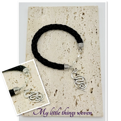 Black Snake Charm Bracelet Kumihimo Cord Braid, Real Silver