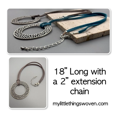 Silver Open Circle Pendant/Necklace, Suede Leather Cord - Blue/Grey