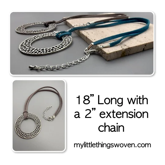 Silver Open Circle Pendant/Necklace, Suede Leather Cord - Blue/Grey