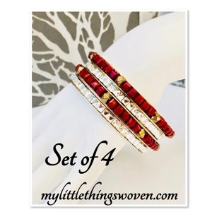 Red Sparkly Bracelet Bangles Set of 4, Gold, Ladies Fashi..