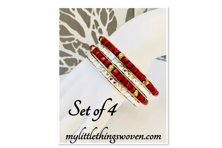 Red Sparkly Bracelet Bangles  Set of 4, Gold, Ladies Fashion Party Wear