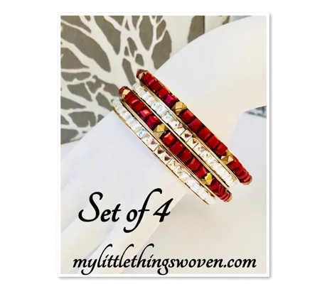 Red Sparkly Bracelet Bangles Set of 4, Gold, Ladies Fashion Party Wear
