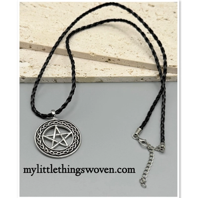 Men's Black Rope Pagan Pentagram Pentacle Star Pewter Pendant Adjustable 24" Men's Black Rope Pagan Pentagram Pentacle Star Pewter Pendant Adjustable 24"