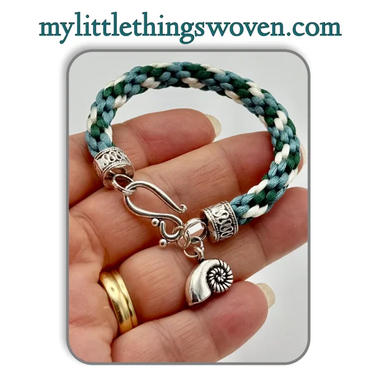 Teal Multicoloured Kumihimo Braided Bracelet with Silver Conch Shell Dangle Charm