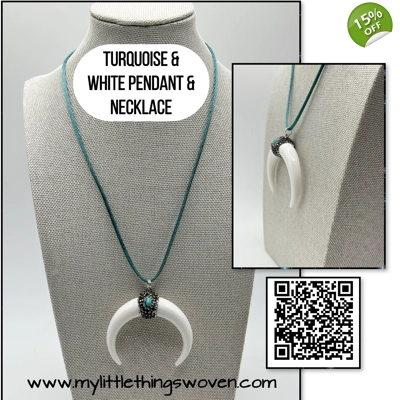 Crescent Moon Shape Cow Horn Turquoise Pendant & Necklace Black or White Sparkly