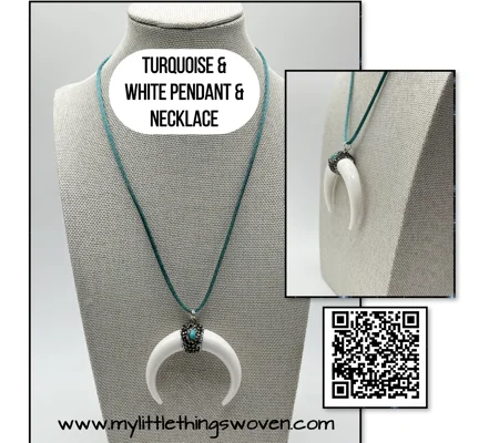 Crescent Moon Shape Cow Horn Turquoise Pendant & Necklace Black or White Sparkly