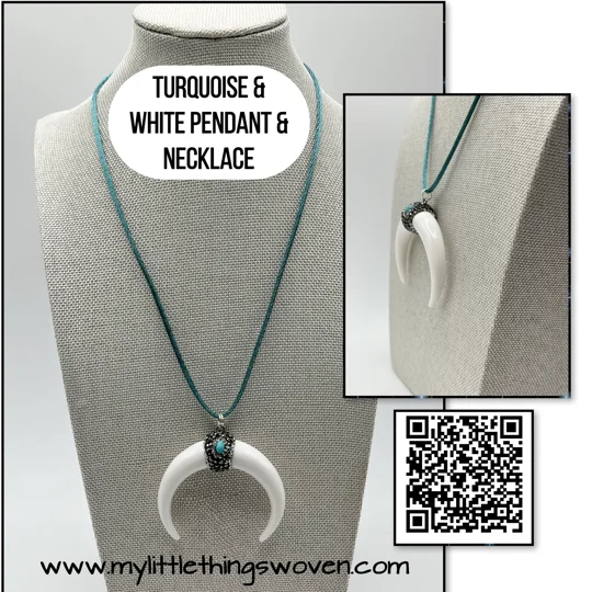 Crescent Moon Shape Cow Horn Turquoise Pendant & Necklace Black or White Sparkly