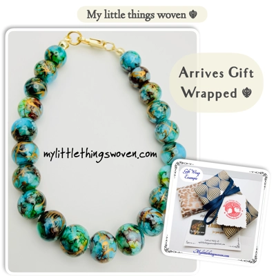 Turquoise/Gold 8mm Round Opaque Glass Draw bench Style Beaded Bracelet, Gold Plated, Handmade