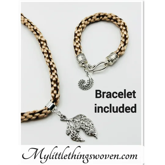 Beige and Brown Necklace + Leaf Pendant & Bracelet + Feather Charm Set