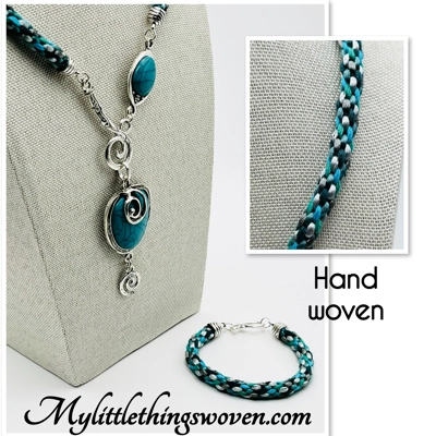 Turquoise Blue Necklace & Pendant + Bracelet + Earrings 3 piece set Handmade