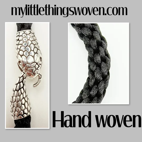 Men's Silver Snake Braided Cord Bracelet Black Kumihimo Cord