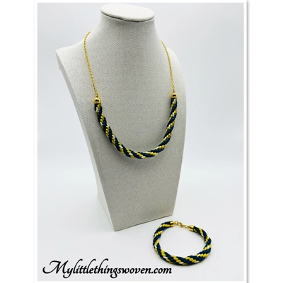 Blue And Gold Spiral Pattern Gold Braided Kumihimo Necklace & Bracelet 2 piece set