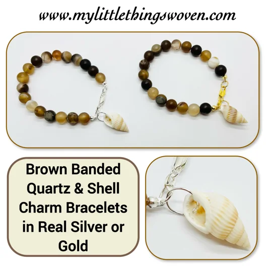 Brown Banded Striped Agate Natural Stone Bead Bracelet + shell dangle charm in Silver or Gold