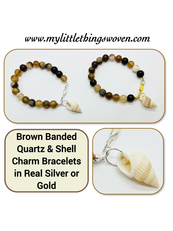 Brown Banded Striped Agate Natural Stone Bead Bracelet + shell dangle charm in Silver or Gold