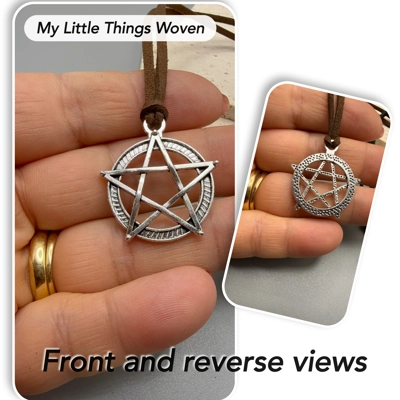 Men's Silver Pentagram Pendant/Necklace, Real Leather Cord - Choice of Colours,