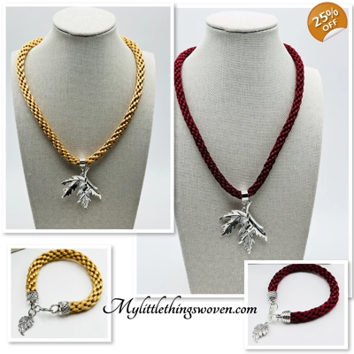 Leaf Pendant & Necklace And Charm Bracelet, Handwoven Silk,Silver