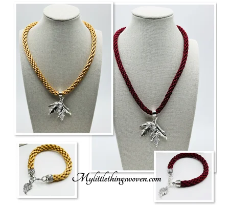 Leaf Pendant & Necklace And Charm Bracelet, Handwoven Silk,Silver