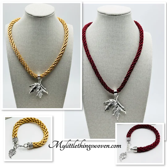 Leaf Pendant & Necklace And Charm Bracelet, Handwoven Silk,Silver