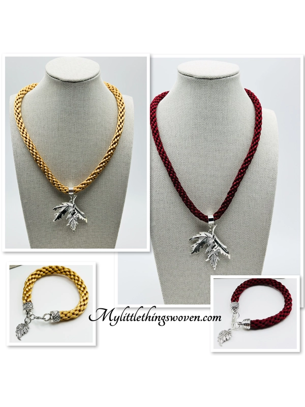 Leaf Pendant & Necklace And Charm Bracelet, Handwoven Silk,Silver