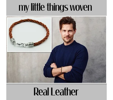 Men's Tan Real Leather Cord Woven Bracelet 8.5" long