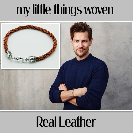 Men's Tan Real Leather Cord Woven Bracelet 8.5" long