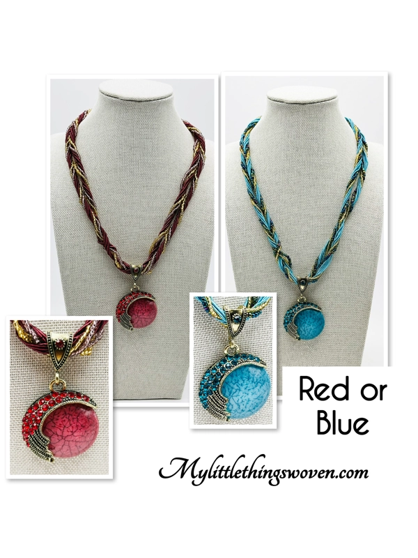 Moon Pendant And Necklace Blue or Red