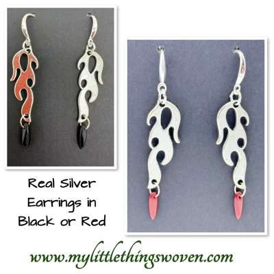 Real Silver Flame Dangle Drop Beaded Earrings in Red or Black